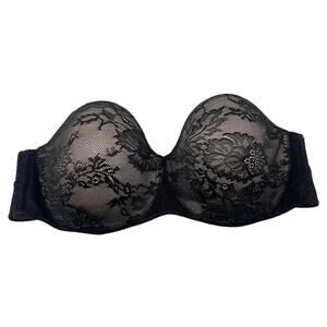Victorias Secret 36C Black Body by Victoria Lined Strapless Bra Lace Illusion